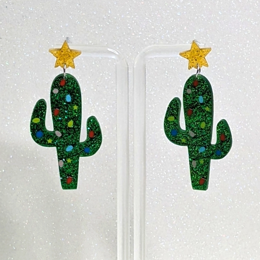 Cactus Christmas Decoration Multi Color Bulbs Glitter Drop Earrings - Picture 1 of 6